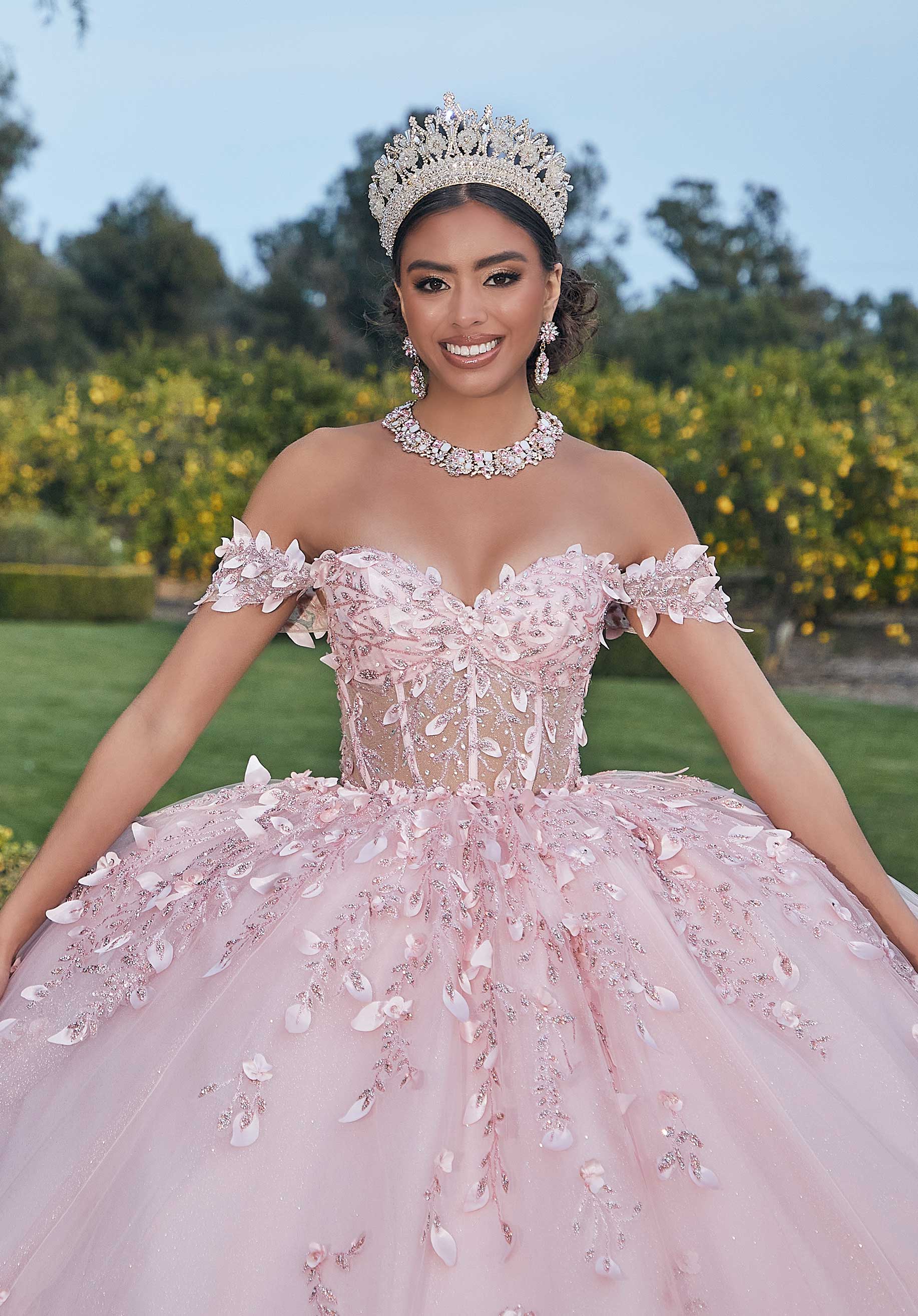 Pink with gold quinceanera dress best sale