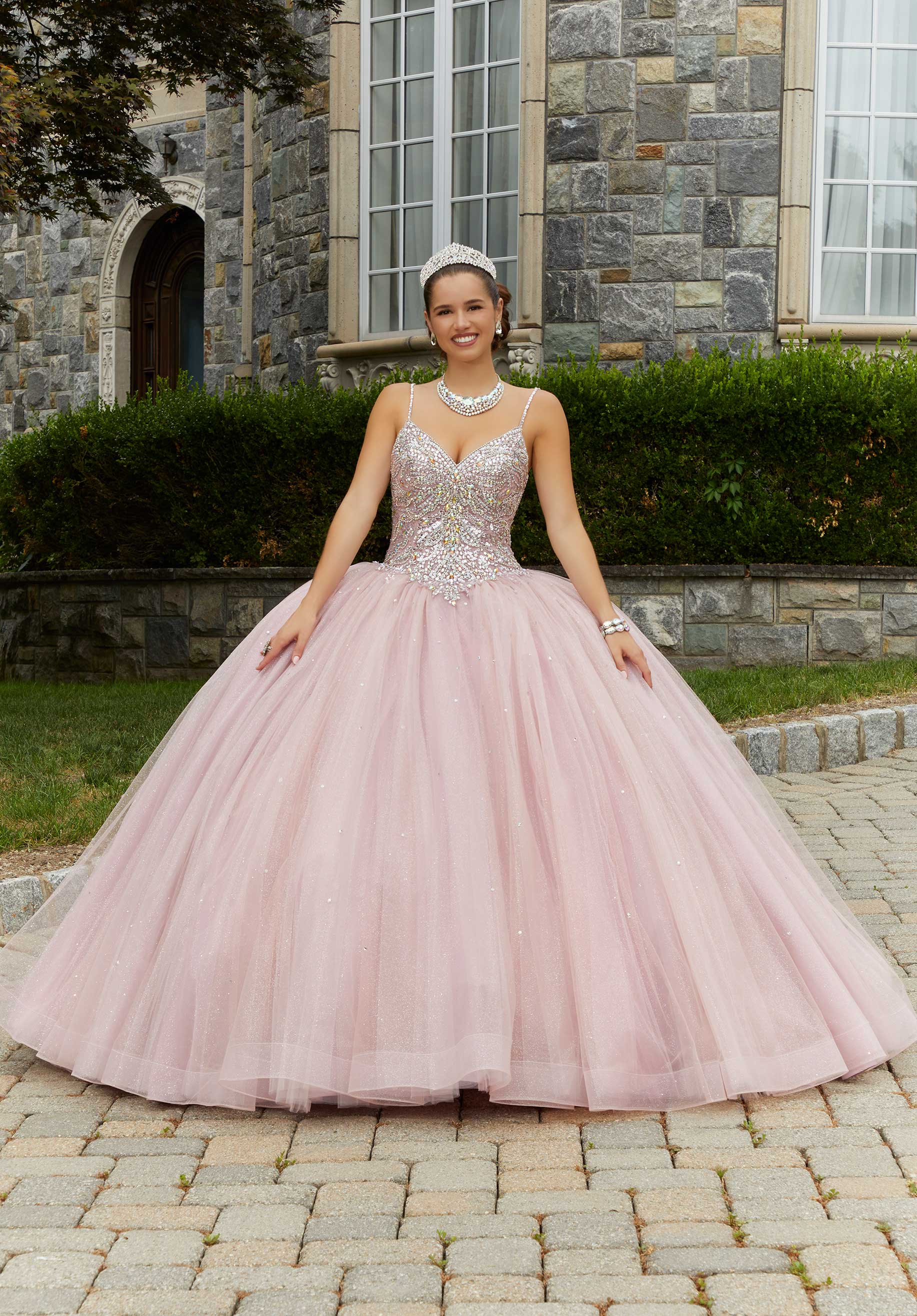 MORILEE 60175 ROSE QUARTZ Rhinestone and Crystal Beaded Quinceanera Dress with Bow